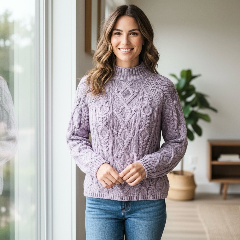 Vince. Aran Raglan Mock Neck Alpaca Wool Blend Cable Knit Sweater, Lilac, Medium
